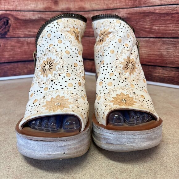 A.S.98 Leather Milk Peep Toe Wedge Espadrilles Sandal - Picture 3 of 16